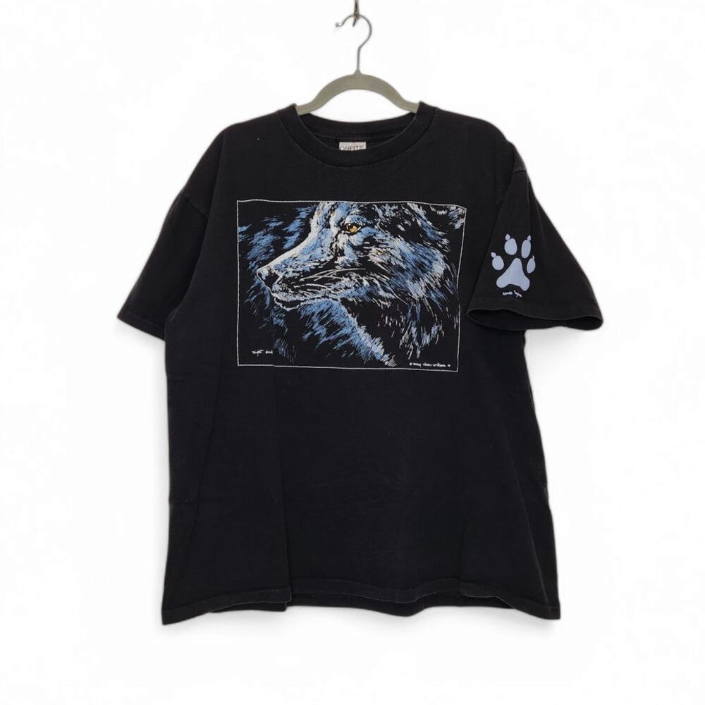 Vintage Wolf Portrait Art Oneita XL Black Shirt Nature VTG 90s Top Artist